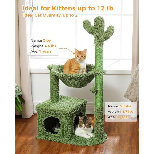 Cactus Cat Tree 40 Cat Tower with Large Metal Carpet Hammock, Cat Scratching Post for Indoor Cats with Condo & Replaceable Toy Ball, Green