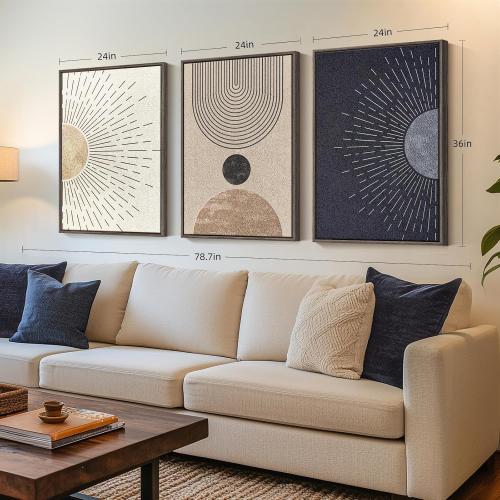 Framed Large Boho Neutral Abstract Wall Art for Living Room, Black Beige Sun and Moon Paintings Prints for Hallway Office, Set of 3 Piece Modern Minimalist Canvas Artwork Pictures 24x36 Inch