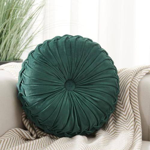 Round Throw Pillow Velvet Home Decoration Soft Pleated Pumpkin Round Floor Cushion for Couch Chair Bed Car Decorative (Light Green14inch)