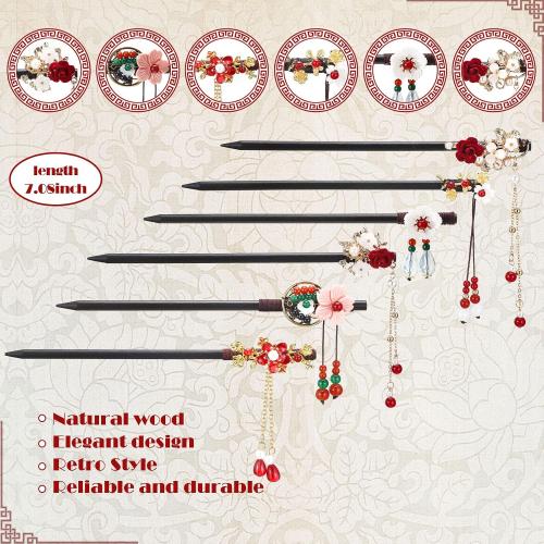 WILLBOND 6 Pcs Hair Sticks for Women Wooden Chinese Hair Chopsticks Accessories Asian Japanese Floral Stick Retro Tassel Flower Vintage Hairpins Handmade for Hairstyling Long Curly(Elegant Style)
