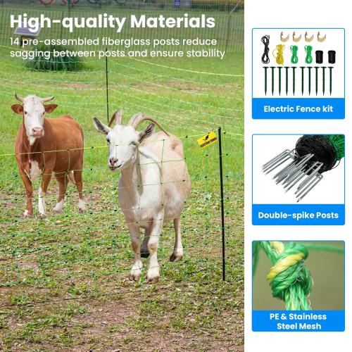 Size 42.5x 164 Color Green Electric Fence Netting, 42.5 H x 164'L, Electric Netting Fence for Cattle, Sheep, Goat, Hogs, Pre-Assembled, 14 Posts Double Spiked, Portable Livestock Nets Used in Backyards, Farms and Ranches