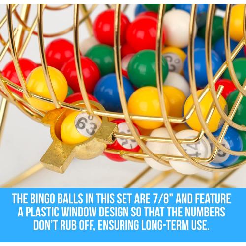 Regal Bingo Professional Bingo Game Set with 11 Wheel Cage, 75 Bingo Balls, Master Board, 18 Bingo Cards & 25 Jumbo Reusable Cards, and Colorful Chips - Bingo Games for Adults Large Group - Gold