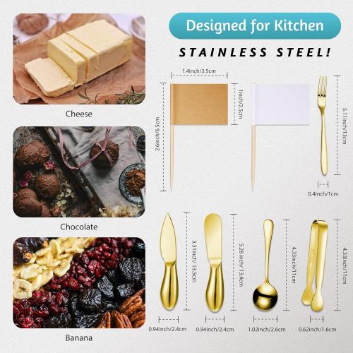 Patelai Charcuterie Board Accessories Cheese Spreader Knife Set Charcuterie Utensils Butter Knife Stainless Steel Mini Serving Tongs Spoons Appetizer Forks for Pastry(Golden,20 Pieces)