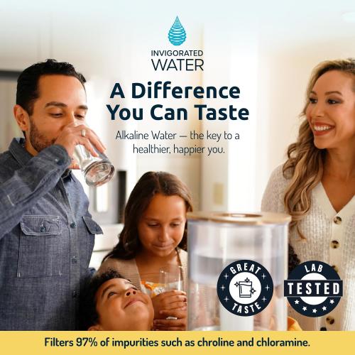 Invigorated Water pH Recharge Glass Alkaline Water Dispenser Filter System - Countertop Purifier Pitcher for Home and Office - High pH Pure Drinking Water Filtration - 36 Cups (Bamboo Classic Set)
