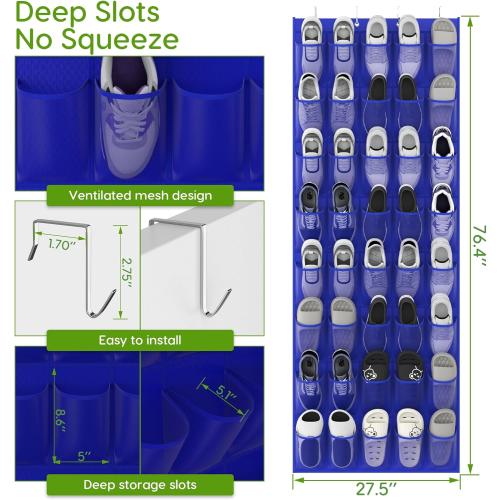 Unjumbly Over the Door Shoe Organizer with 40 Large Breathable Mesh Pockets, Space Saving Shoe Holder, Hanging Shoe Rack for Entryway Bedroom Closet Storage (Navy Blue, 40 Pockets)