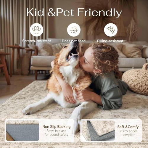 9x12 Neutral Area Rug Beige Vintage Living Room Bedroom Washable Carpet Non-Slip Soft Low Pile Farmhouse Indoor Large Throw Rug for Dining Room Office