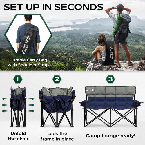 Oversized Fully Padded Double Camping Chair, Portable Folding Loveseat w/Side & Back Pockets, Adjustable Armrests, Double-Sized Cup Holders for Outdoor, Indoor, Supports 530LBS (Dark Navy)