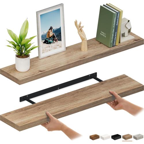 Ballucci Floating Shelves for Wall, 48 Wood Wall Shelf Set of 2, with Invisible Brackets for Bathroom, Living Room, Bedroom, Kitchen, Nursery, 8 Deep, Oak Finish