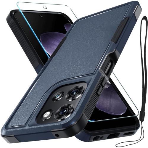 RMOCR for Moto G 5G 2025 Case, Full Body Heavy Duty Rugged Shockproof Protective Phone Cover with Lanyard Strap, Tempered Glass Screen Protector, Navy Blue