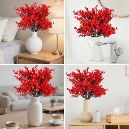 Red Artificial Flowers Plants for Christmas Home Decor Indoor 10 PCS, Fake Silk Babys Breath Realistic Bouquet, Faux Fall Stems Picks for Vases, Floral Arrangement Decorations for Tables Centerpieces