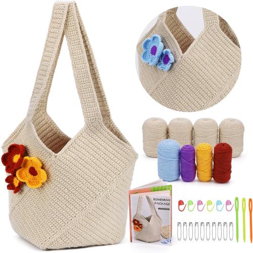 Pnytty Crochet Bag Kit for Beginners Complete Starter Set with Yarn, Hook & Step-by-Step Video Tutorials DIY Shoulder Bag Crafting Gift for Adults (Beige)