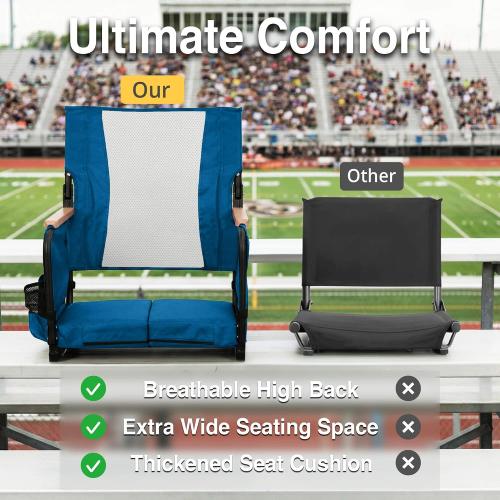 behairity Extra Wide Stadium Seats with Back Support, Bleacher Chairs with High Back and Cushion, Padded Portable Fording Bleacher Seat with Armrests, Cup Holder and Storage Pockets (Blue)
