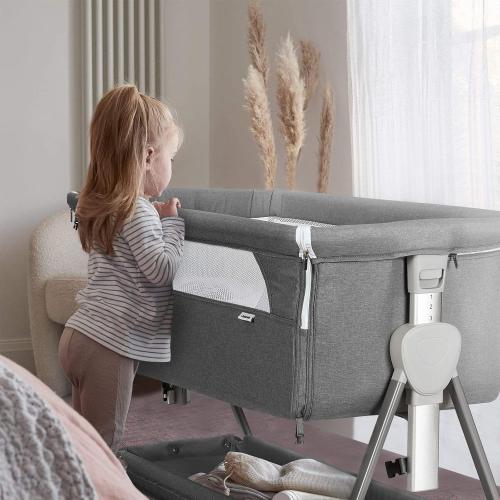 Cowiewie Bassinet Bedside Sleeper, Baby Bassinet with 7 Adjustable Height, Bedside Bassinet for Baby with Storage, Breathable Mesh & Mattress, Portable Bassinet Easy Folding (Pyramid Dark Gray)