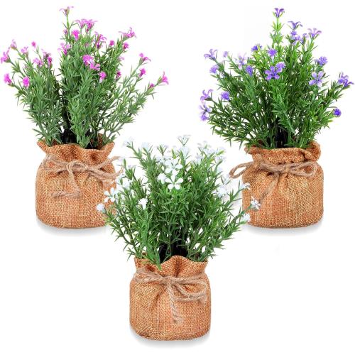 Tobeelec 3 Pcs Babys Breath Artificial Flowers in Small Burlap Bag Vases -Gypsophila Faux Flowers Farmhouse Home Coffee Table Bookshelf Office Desk Decorations Kitchen Dining Room Fake Plants Indoor