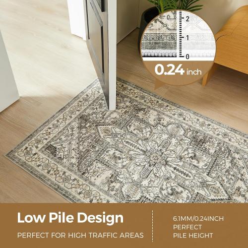 WITSHOCK 2x10 Long Runner Rug for Hallway: Washable Distressed Boho Low Pile Stain Resistant Foldable Carpet for Bedroom Kitchen Entryway Indoor Entrance, Oriental Farmhouse Floor Rug, Brown/Lvory