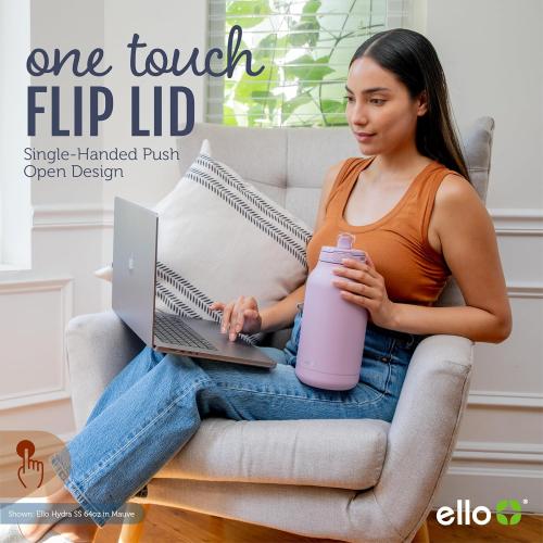 Ello Hydra 64oz Stainless Steel Water Jug with Locking Leak Proof Lid | Reusable Half Gallon Vacuum Insulated Metal Bottle with Silicone Straw, Keeps Drinks Cold All Day, Gift Ready, Black