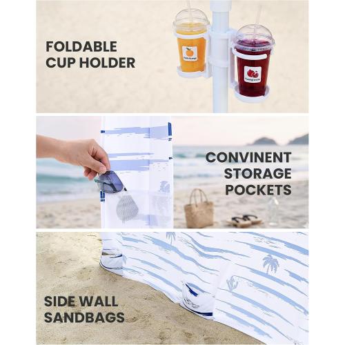 Beach Cabanas for Sand, Foldable Beach Canopy with Sandbags 8' | 43 Compact Fold, 8' x 8' Fits 6 Person, UPF 50 , Wind-Resistant, Privacy Side Wall, Easy Setup, 6.5-8' Adjustable Height