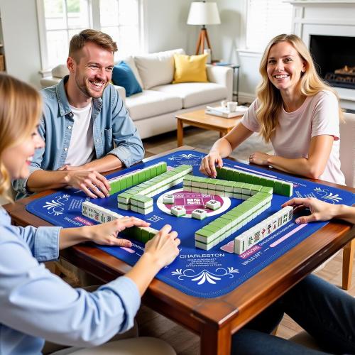 Mahjong Mat (33x33) with 6 Mahjong Playing Instructions,4Tile Mixer,4Dice & Carrying Bag,Non-Slip and Silent Travel Mahjong Set for Mahjong/Poker/Board Games/Card Games/Dominoes (Blue-1)