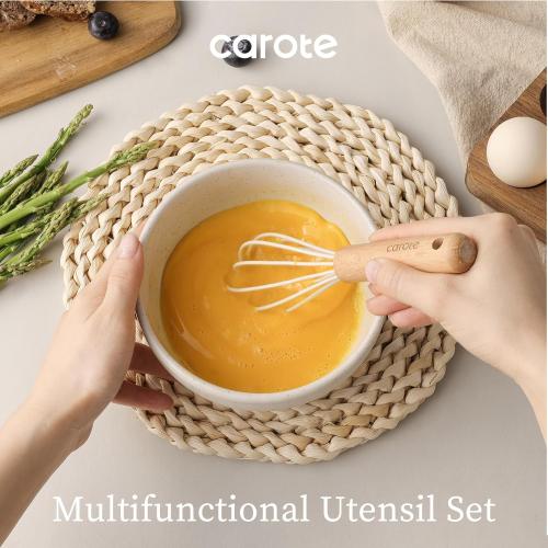 Cream White 10Pc Set CAROTE Silicone Cooking Utensils Set, Kitchen Utensils Set 10 Pcs for cooking, BPA Free Spatula Set with Heat Resistant Wood Handles for Nonstick Cookware (Cream White)