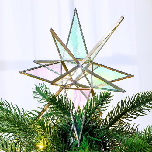 7 Inch Moravian Star Christmas Tree Topper Moravian Stained Glass Star Ornament Iridescent Christmas Tree Decoration Colorful Window Hanging Decoration Church Gift(White)