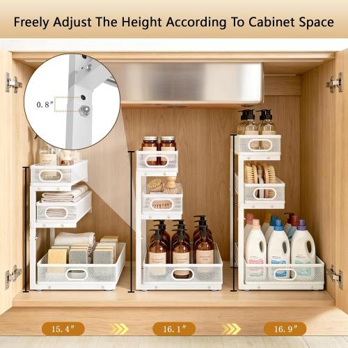 Under Sink Organizer, 3-tier Under Sink Storage Organizer Adjustable Height Easy Assembly Pull Out Cabinet Organizers Basket for Bathroom Kitchen Pantry Home Organization