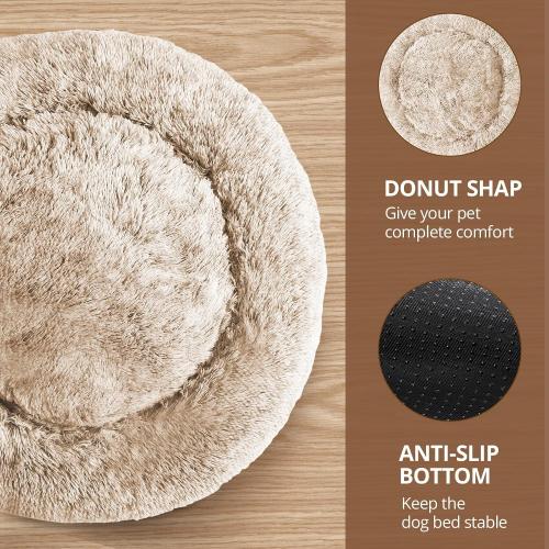 JOLLYVOGUE Calming Dog Bed Medium Size Dog, Anti-Anxiety Donut Medium Pet Bed, 27 inches Fluffy Faux Fur Round Cat Bed (Cream Brown)