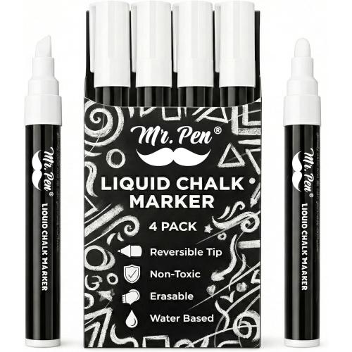 Mr. Pen- White Chalk Markers for Blackboard, 4 Pack, Reversible Tip, White Liquid Chalk Marker, Non-Toxic Liquid Chalkboard for Windows and Glass, Erasable Markers