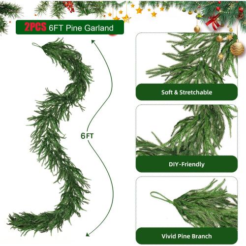 Christmas Norfolk Pine Garland, 2PCS 6Ft Real Touch Artificial Pine Greenery Christmas Garlands for Table Fireplace Wall Home Indoor Outdoor Decoration