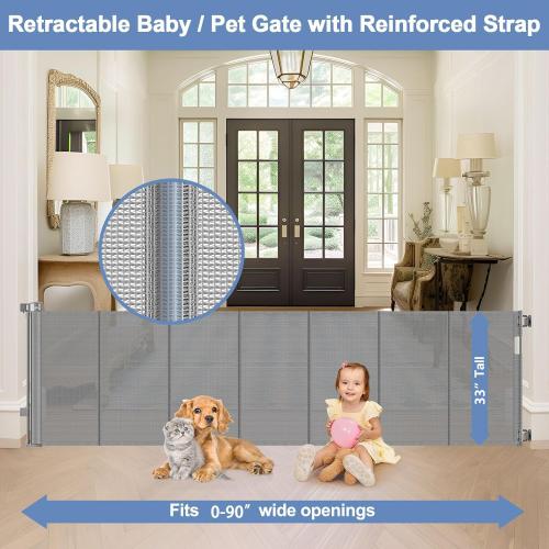 Reinforced bottom 90 Inch Extra Wide Baby Gate for Large Openings Retractable Baby Gates Extra Wide Upgraded Spring Retractable Dog Gate for Doorways Extra Wide Adjustable Bracket Retractable Pet Gate