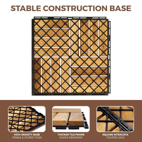 10 PCs Interlocking Deck Tiles, 12x12 inches Waterproof Wood Patio Floor Tiles for Indoor and Outdoor, Easy Snap Flooring, Balcony, Garden, Square Joints, Natural