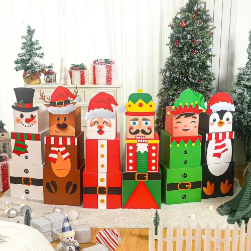 Moinchore 24 Pcs Christmas Gift Boxes Stackable Xmas Decorative Large Snowman, Reindeer, Santa, Nutcracker, Cardboard Nesting Decorations Stacking for Tree Decor