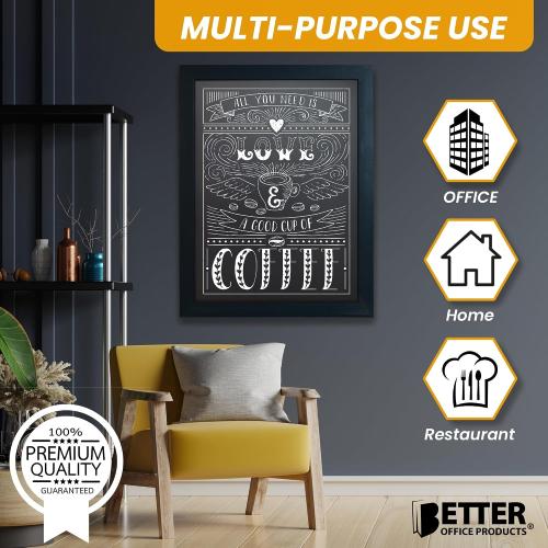 Magnetic Wall Chalkboard, Large Size 18 x 24, Rustic Wood Frame, Chalkboard Sign, Vertical or Horizontal Wall Mount, Includes Chalk and Eraser, by Better Office Products (Solid Black)