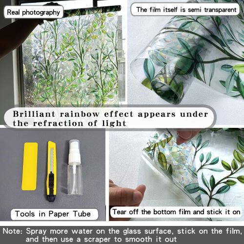 Window Privacy Film Rainbow Window Film – Decorative Static Cling Window Sticker with 3D Stained Glass Effect（23.6 x 78.7 inch） Includes 3 Installation Tools