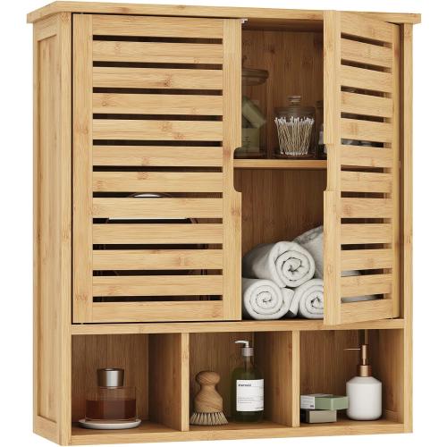Bathroom Wall Storage Cabinet, Bamboo Medicine Cabinet with Doors and Adjustable Shelves, Bathroom Medicine Cabinet Wall Mount, Wall Mounted Over-the-Toilet Storage Cabinet