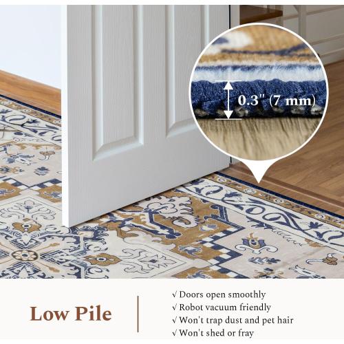 Rugflix 3x5 Area Rug for Living Room, Machine Washable Area Rugs with Non-Slip Backing, Large Soft Boho Vintage Rug for Bedroom, Dining Room, Low Pile Carpet, Kids Pet Friendly, Brown Beige