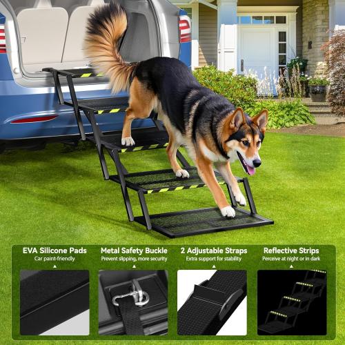 Color Black Pawaboo Extra Wide Dog Stairs for Car, Foldable Dog Ramps for Car with Non Slip Surface & Reflective Tape, Heavy Duty Dogs Steps for Cars, SUV, Truck, 300lbs Capacity, 14-35 Adjustable Height