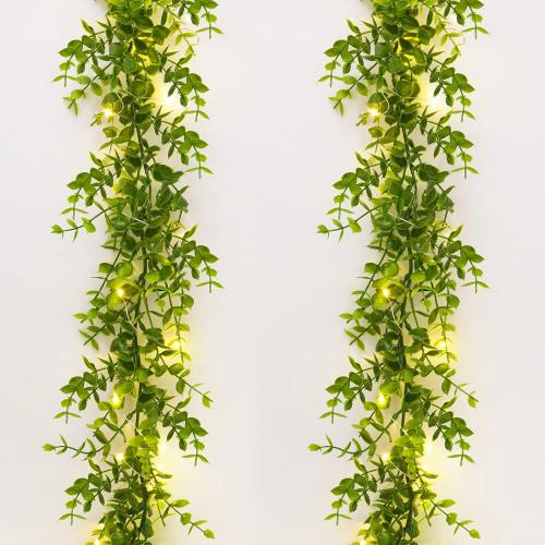 Dolicer 2 Packs Eucalyptus Garland with LED Lights String, 12FT Faux Eucalyptus Greenery Garland, Artificial Hanging Green Leaves Vine Wedding Backdrop Arch Wall Table Decor (Green)