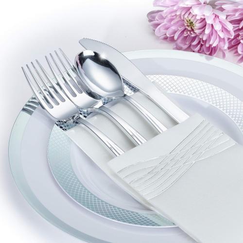 By Madee Heavyweight Elegant Disposable Dinnerware Set - Silver Fancy Plastic Dinnerware Sets with Plates, Cutlery, Napkins - Disposable Party Plates for Wedding, Baby Shower - 400 Pcs (50 Guests)