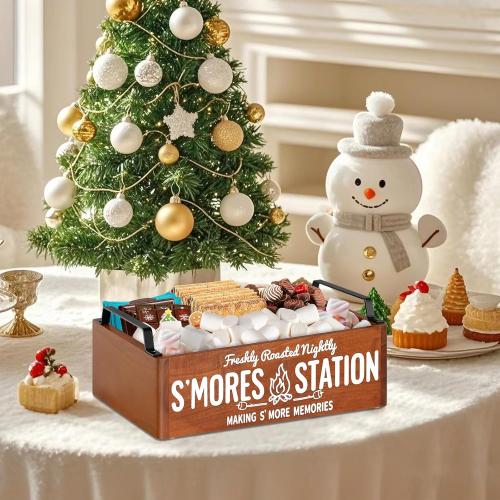 Farmhouse Smores Station, Wooden Smores Caddy with Handles, S'mores Bar Holder with 5Pcs Extendable Smores Sticks, Smores Maker Box for Smores Kit, Outdoor Fire Pit Camping Essentials Cooking (Brown)