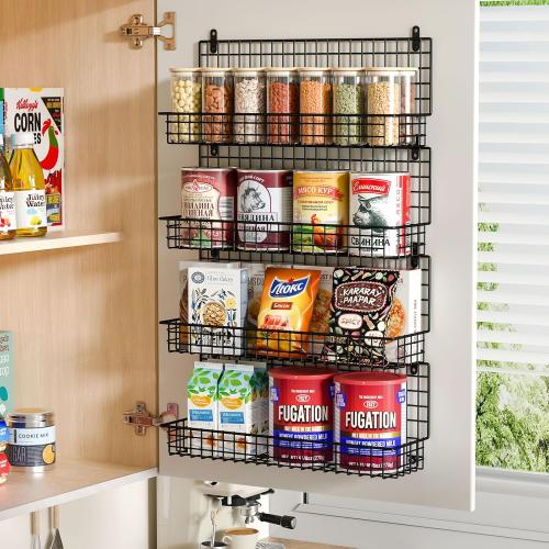 X-cosrack Upgraded Foldable Large 4 - Tier Wall Mounted Spice Rack Organizer, Stackable Storage with 5 Hooks, Holds 80 Jars for Kitchen Pantry Organization (Patent:D909138S)