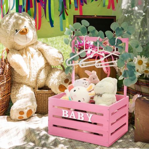 Barydat Wooden Baby Shower Crate Closet, Baby Basket with Handle, Personalized Basket Gifts, Easy Assembly Baskets for Newborn Boy Girl Welcome Gift for New Mom Parents(Pink)