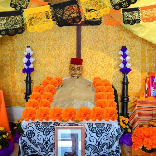 Riceshoot 52 Pieces Day of the Dead Decorations Set Fiesta Artificial Marigold Flower Heads with Stems Monarch Butterfly Felt Mexican Party Banner for Dia De Los Muertos Altar Diwali Decor