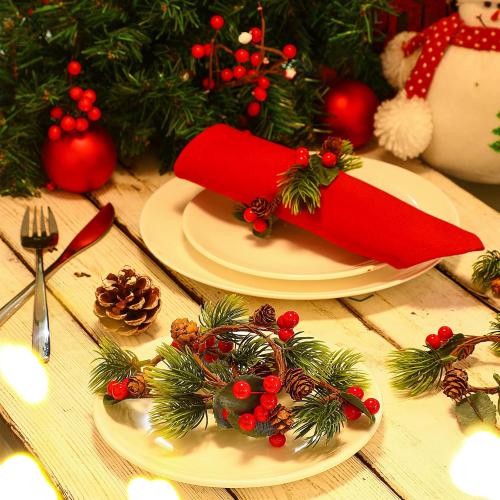 WILLBOND Christmas Napkin Rings Set of 12 Berry Napkin Ring Holders Pine Cones Pine Needles for Holiday Dinner Table Decorations