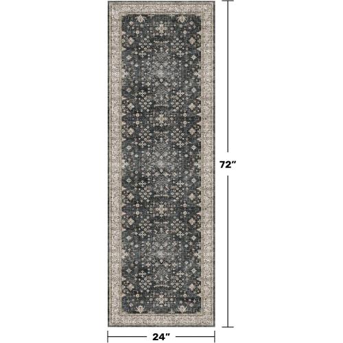 Black Boho Washable Runner Rugs for Hallway Kitchen Bedroom Beside Laundry Room Bathroom Rug, Pet & Kids Friendly, Non Slip Low Pile Stain Resistant Soft Foldable Long Floor Carpet