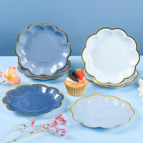 24 Pcs Dusty Blue Scalloped Paper Dessert Plates, 7 Inch, Gradient Blue | Gold Foil Edge, Disposable Party Plates, Snack Cake Plate for Birthday Bridal Baby Shower Wedding Xmas Party Supplies