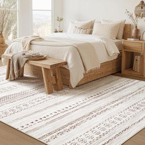 Area Rug Living Room Rugs - 5x7 Washable Boho Farmhouse Bohemian Neutral Large Moroccan Geometric Soft No Slip Indoor Rug Thin Floor Carpet for Bedroom Under Dining Table Home Office - Brown