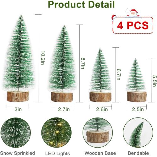 4 PCS Mini Christmas Trees, Artificial Bottle Brush Trees with 2 Modes Timer LED String Lights, Button Cell Battery Powered Desktop Small Pine Trees with Wooden Base for Home Xmas Decor (Warm White)