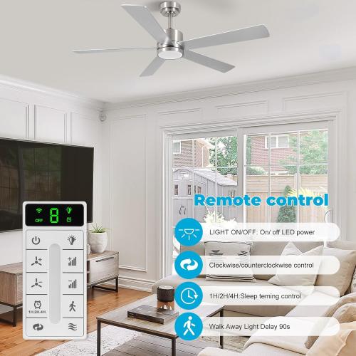 Silver 52 Modern Ceiling Fan with Lights, Remote, 6-Speed DC Motor, Reversible Blades, Matte Finish, Indoor/Outdoor Use