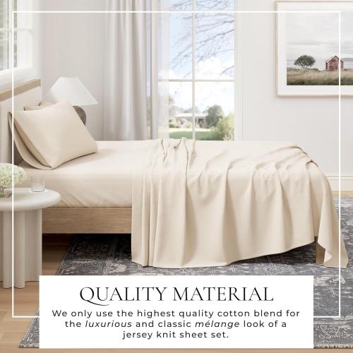 Cotton Jersey Knit Queen Sheet Set - Ultra-Soft, Stretchy, Heathered Melange Bed Sheets - Cozy, Soft T-Shirt Sheet & Pillowcase Set (Oatmeal)