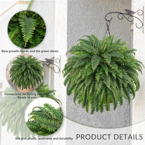 50 Artificial Boston Ferns, Fake Bush Plants, Large Faux Ferns with 96 Fronds for Outdoors Home Decor